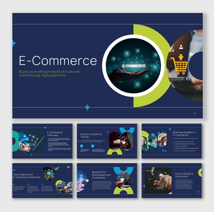 E-commerce PPT template covering trends, business models, features, benefits, and future scope.
