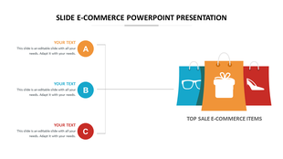 E commerce PowerPoint slide featuring icons of shopping bags with top selling items glasses, gifts, and high heels.