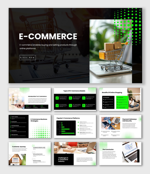 The E-Commerce Presentation with dark background, cart on laptop, green dots, charts, icons, text boxes, clean layout