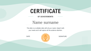 Certificate of achievement slide with placeholders for name, date, and signature, along with a 2025 award badge.
