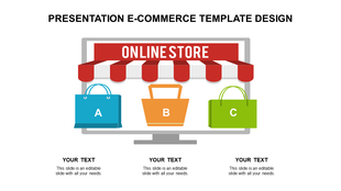 Online store on a monitor with a red awning, featuring three shopping bags in blue, yellow, and green, labeled A to C.