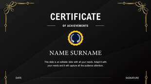 Achievement certificate with dark background, gold details, and placeholder for name and signature.