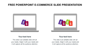 Two gray laptop illustrations with e-commerce shopping bag icons on screen, and text placeholders below.