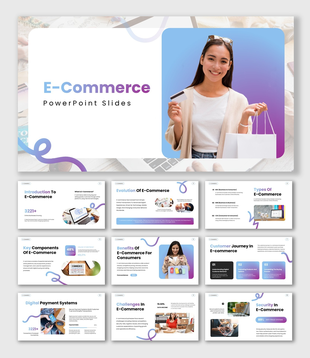 The E-Commerce slides with gradient color theme, shopper holding card and bags, charts, icons, text boxes, clean layout.
