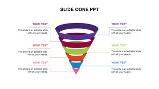 3D funnel diagram with six colorful sections in purple, red, green, orange, blue, and pink, linked to text boxes.