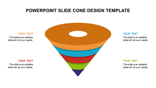 3D cone diagram tapering downward in six colors, each layer aligned with text blocks in matching tones on both sides.