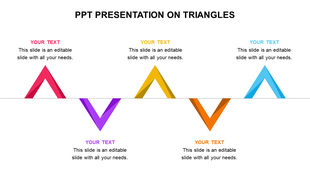 Six colorful triangles in two rows, pointing up and down, each paired with editable text captions in matching colors.