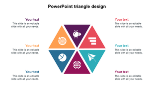 Central hexagonal design formed by six triangle segments with icons, surrounded by matching colored text captions.