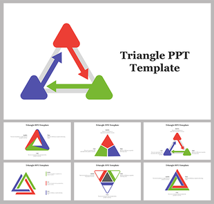Slide deck featuring a triangle themed template with arrows and colorful triangular elements in red, blue, and green.