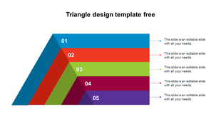 Five stacked colored triangle layers labeled 01 to 05, each with a matching caption and connector line on the right side.
