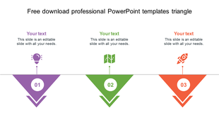 PPT slide with a triangle design featuring three sections, each with an icon for a lightbulb, map, rocket, and text.