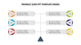 Triangle infographic with three left and three right steps, each numbered and linked to colored icons and gray text boxes.