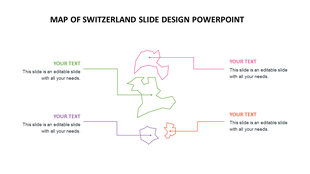 Infographic map of Switzerland with four labeled segments in pink, green, purple, and orange linked to side captions.