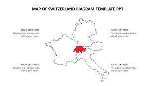 Map of Europe highlighting Switzerland in red, surrounded by outlined neighboring countries with four placeholder text areas.