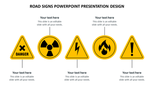Five yellow triangle and circle road signs for danger, radiation, electrical, fire, and warnings, with text placeholders.