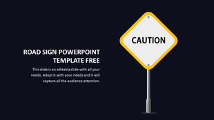 Diamond-shaped road sign with the word caution on a dark black background and a caption area.