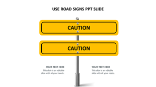 Slide featuring two yellow road signs with the word caution mounted on a metal pole, with text areas below.