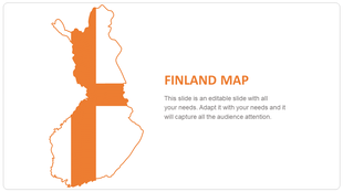 Outline map of Finland in orange featuring a cross like pattern, and text to the right on a white background.