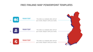 Finland map slide with icons and text sections in blue, purple, and red.