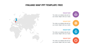 Map of Europe highlighting Finland, with four colorful icons and text placeholders on the right.