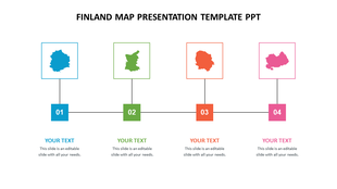 Finland map template showing four different regional silhouettes in colored frames, each linked to numbered text blocks.