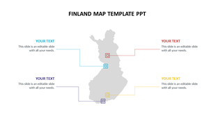 Finland map infographic with four placeholders for labeling specific regions in red, blue, yellow, and purple.