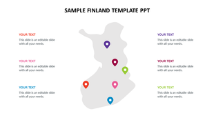 Finland map PowerPoint template with text and colorful location markers.