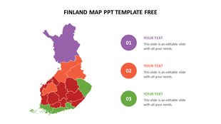 Slide featuring a colorful map of finland with many regions and three text sections.
