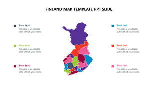 Finland map template showing regional divisions in colors, with placeholders text on the right.