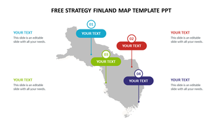 Map of Finland with four numbered markers (01 to 04) in different colors, each linked to placeholder text areas.