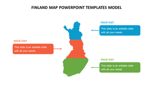 Map slide of Finland showing top in blue, middle in red, and bottom in green with matching caption boxes.