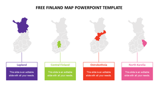 Slide featuring a finland map with four highlighted areas alongside captions.