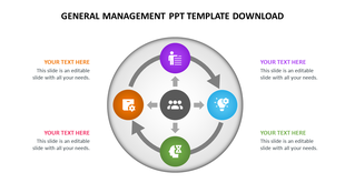 Circular flow diagram in a general management PowerPoint template with four sections and a central icon.