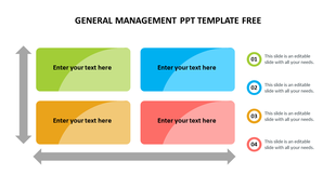 General management PowerPoint template with four boxes and corresponding numbered steps with placeholder text.
