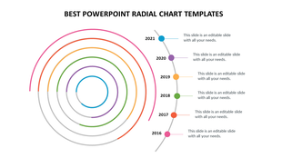 Radial chart PowerPoint template with color coded concentric circles and years with placeholder text on a white backdrop.