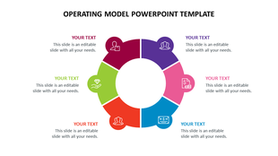 Operating model template featuring a circular diagram with six colorful segments, each with an icon and an caption area.