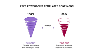 Two 3D cones in purple and red, with percentages above, positioned side by side with a central horizontal arrow.