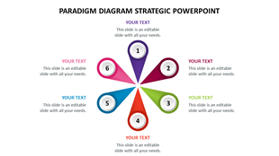 Colorful paradigm diagram strategic slide featuring six sections for presenting different strategies with placeholder text.