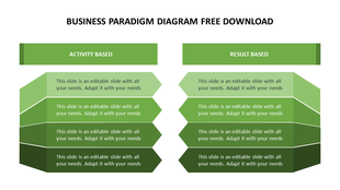 Business paradigm slide with mirrored green layered blocks under activity based and result based headers.