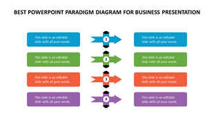 Colorful business paradigm layout with four numbered arrows pointing right and matching text boxes aligned on both sides.