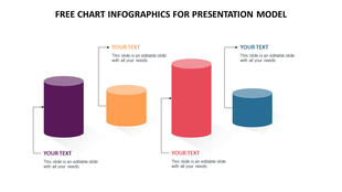 Four colorful 3D cylinder shapes in purple, orange, red, and blue, each linked to a corresponding text box with arrows.
