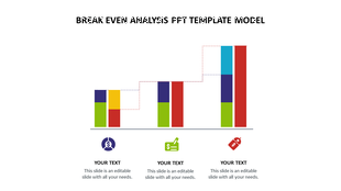 Breakeven bar chart with green, purple, yellow, red, and blue sections, step line overlay, and areas with financial icons.