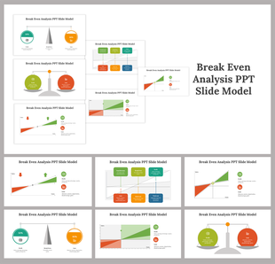 Break Even Analysis slides showing various models, charts, and graphics for loss, profit, and break even points with icons.