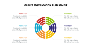 Market segmentation plan sample PPT slide with a circular diagram divided into colorful sections, each labeled with text.
