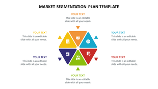 PowerPoint template for market segmentation featuring a colorful hexagonal diagram with placeholders for text and icons.