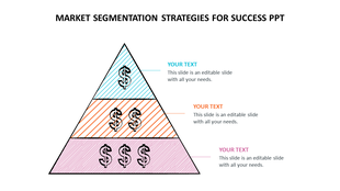 A pyramid diagram representing market segmentation strategies with three sections for text, each containing dollar symbols.