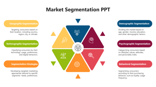 Hexagonal infographic with six colored segments labeled with market segmentation types, icons, and matching captions.