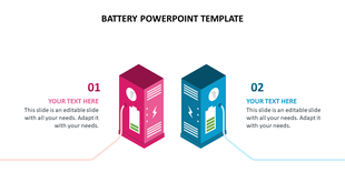 Two isometric battery charging stations, one pink and one blue, labeled 01 and 02 with editable text areas on each side.