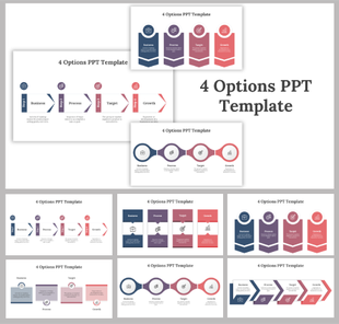 Slide deck with four step process layout in blue and red shades, showing business, process, target, and growth options.