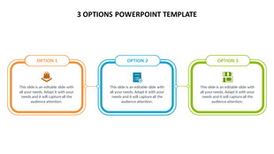 Three-step option slide with distinct colors and icons, ideal for presenting different choices or steps.